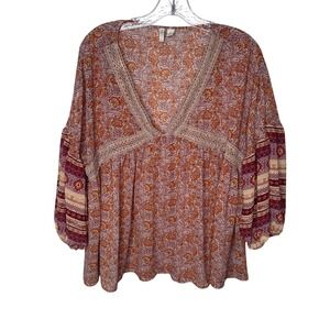 Cato Womens Large Floral Paisley Boho Babydoll Blouse V-Neck Crochet Trim Orange